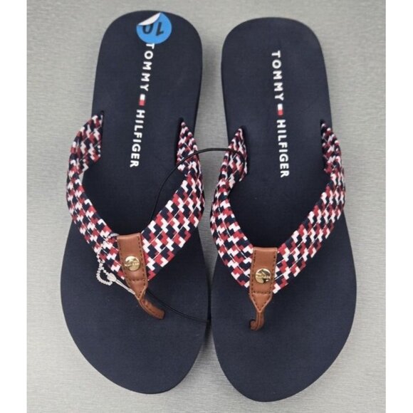 Women Sandals Tommy Hilfiger Thong Blue/Red  Flip-Flops Size 10 - Picture 1 of 6